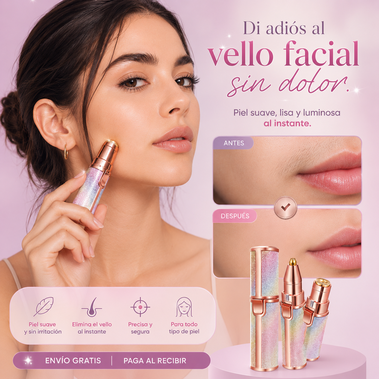 Elimina vello facial y define tus cejas en segundos, sin dolor ni irritación